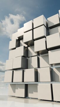 Modular cubic relief wall with glossy white blocks and sharp shadows for architectural web design