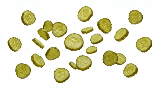 Dynamic Pickled Cucumber Slices Pattern Isolated on White Backdrop