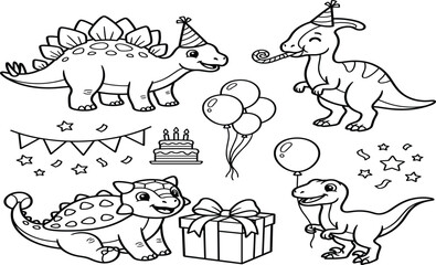 Birthday Dinosaur Coloring Page Vector Set with Cute Stegosaurus, Parasaurolophus, Ankylosaurus, and Festive Party Outline Elements for Kids Graphic Designs © Remi