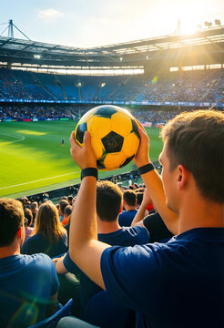 Sports fandom and stadium atmosphere, fan holding a soccer ball high in a crowded arena during a professional football match at sunset
