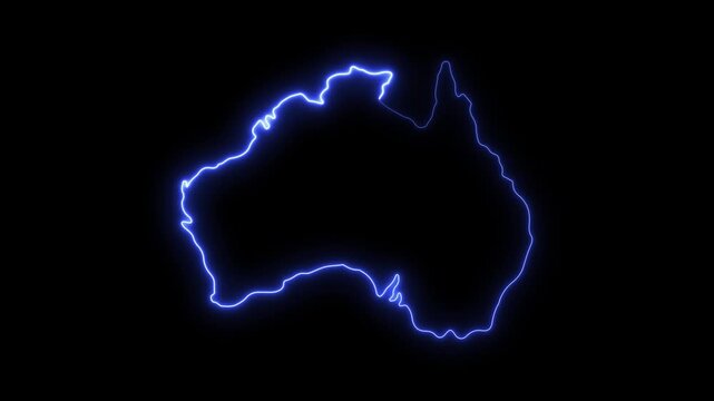 Glowing neon australia map outline, pulsing blue continent silhouette on black background, for travel and, geography presentations