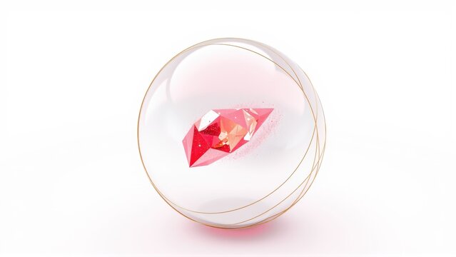 Red crystal inside transparent sphere. Reflective surface, bright lighting, simple composition. Clean design, elegant presentation.