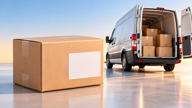 Cardboard ecommerce package beside a delivery van in a clean warehouse setting, representing shipping, courier services and last mile logistics.