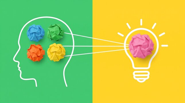 Creative idea generation process shown with colorful crumpled papers and light bulb.
