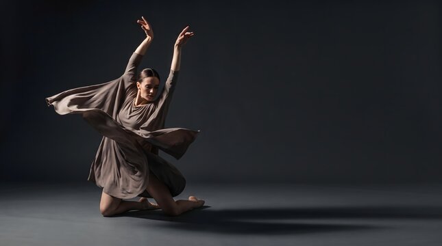 Contemporary dancer performing an expressive full-body movement on a dark studio stage with dramatic lighting, representing dance and performing arts.