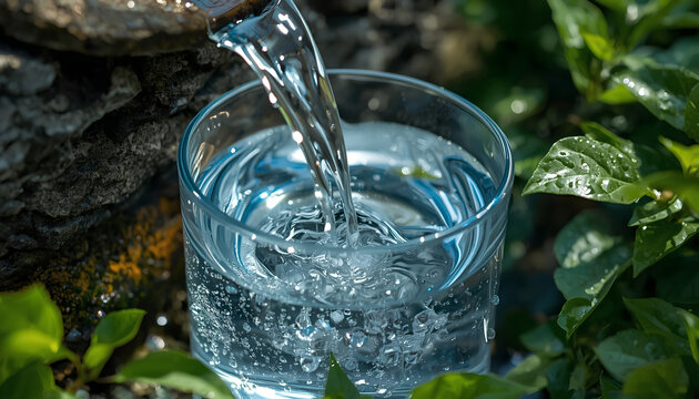 Fresh Clean Water Pouring into Glass in Natural Outdoor Setting