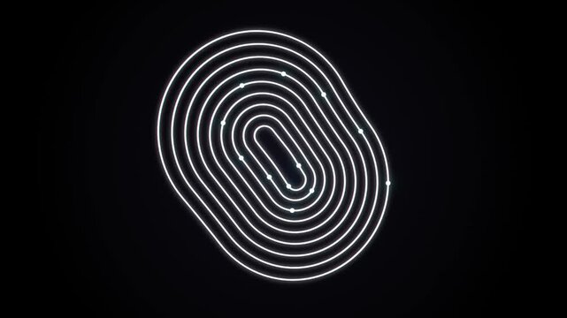 Glowing white fingerprint digital biometric scan icon with light dots on a dark black background representing futuristic security 4K