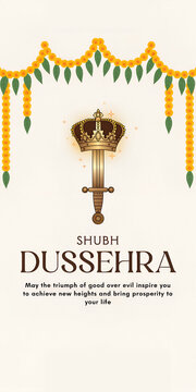 Shubh Dussehra greeting card with golden royal sword crown and marigold flower garland