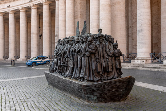 Rome, Italy - April 09, 2026 - Front View of the Angels Unawares Bronze Sculpture in St Peters Square in Vatican City