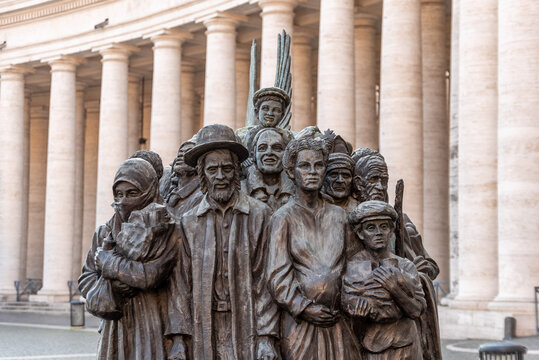 Rome, Italy - April 09, 2026 - Front View of the Angels Unawares Bronze Sculpture in St Peters Square in Vatican City