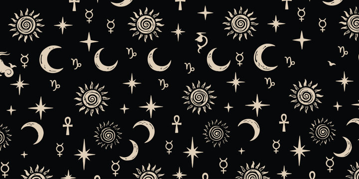 Seamless pattern with sun, moon, stars, and esoteric occult symbols