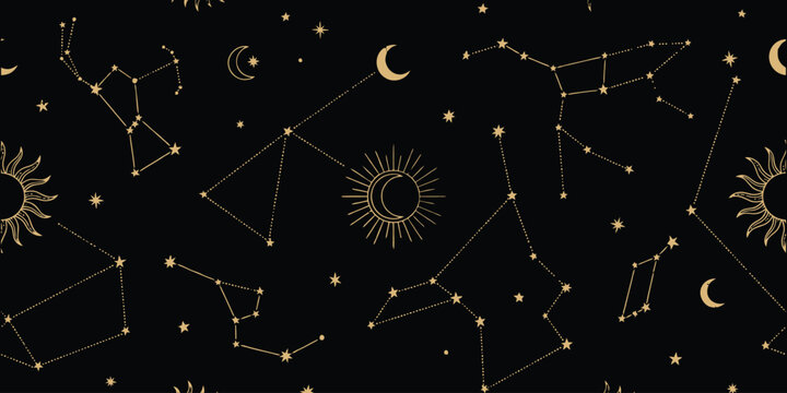 Seamless pattern with golden constellations, suns and moons