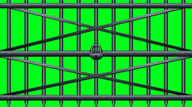 Locked prison cell iron security gate with diagonal bars and padlock on green screen background