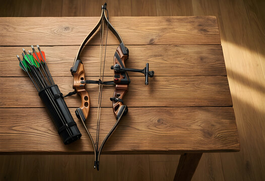 Target achievement and precision strategy, recurve bow and arrows in quiver on wooden table for sports competition and business goal setting success