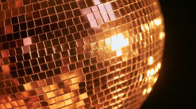 Closeup of a spinning mirror disco ball reflecting warm golden light across tiny square facets, creating glowing highlights and geometric texture against a dark background