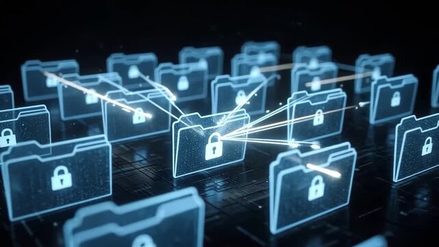Digital Data Security Network: A futuristic network of digital folders, each secured with a glowing padlock icon, interconnected by beams of light, representing data protection and cybersecurity.