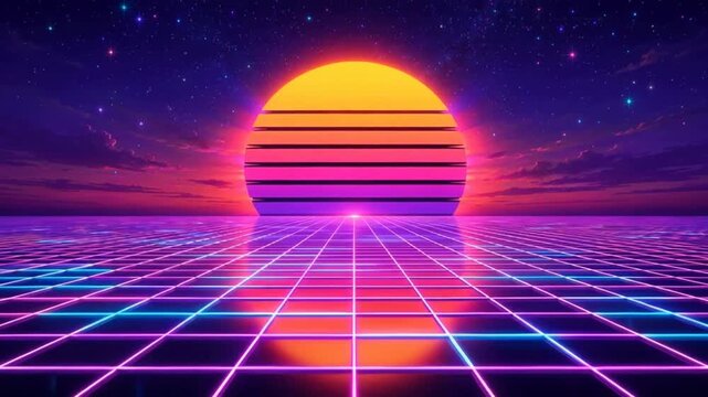 Retro synthwave sunset with striped neon sun sinking over glowing grid horizon in 80s retrowave aesthetic in seamless loop for nostalgic videos