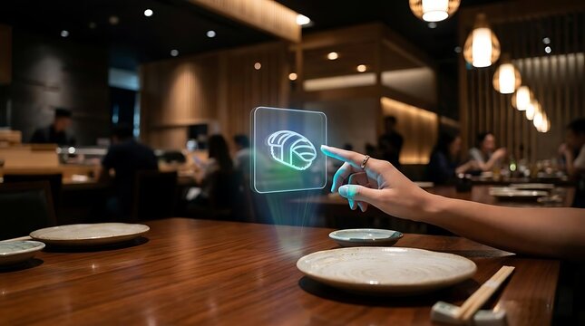 Person using a futuristic holographic menu in a restaurant.