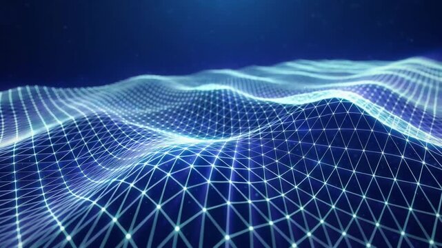 White triangulated mesh flowing over blue background with geometric low poly motion and faceted surface in seamless loop for tech videos
