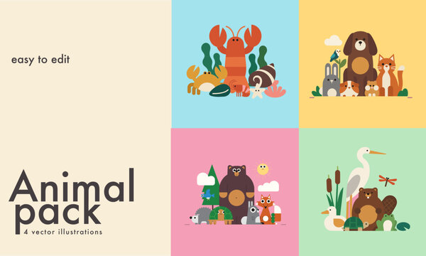 Cute Animal Pack &ndash; Marine, Pet, Forest and Wetland Wildlife Vector Illustrations
