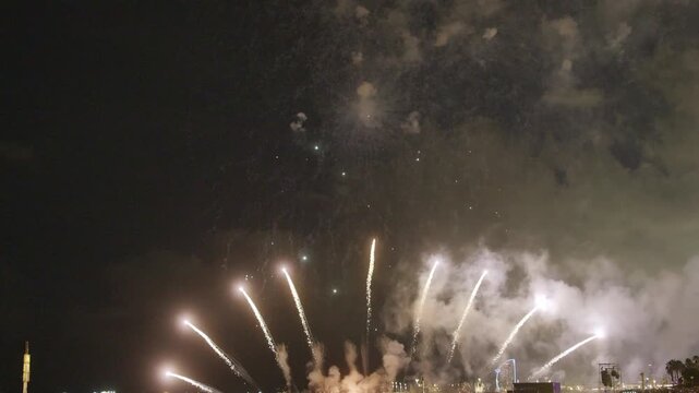 Amazing fireworks display over the coast of barcelona