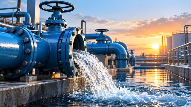 Powerful stream of clean purified water flowing from a large industrial pipe into a concrete basin at golden hour