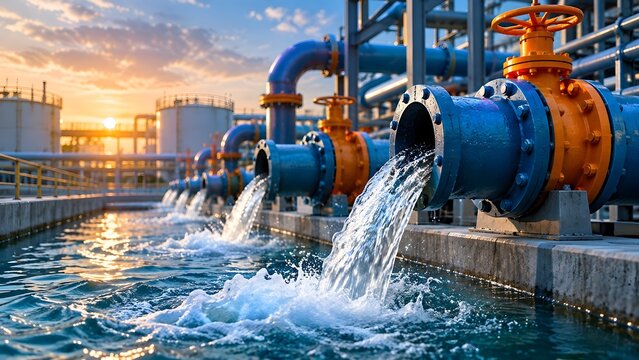 Multiple blue and orange industrial pipes discharging treated clean water into a large open reservoir at sunset
