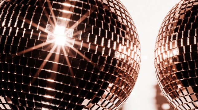 Two shiny disco balls reflect bright light in dark club. Sparkling mirror spheres glisten with golden reflections. Retro dance floor decor creates festive atmosphere for party, celebration, nightlife