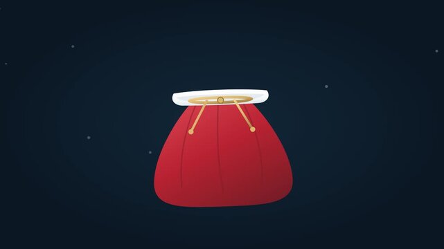 Premium 2D Christmas Santa sack animation featuring realistic fabric deformation, falling impact, internal gift movement, drawstring recoil, soft contact shadow and subtle winter atmosphere. Seamless