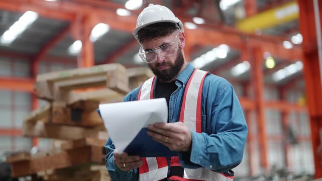 Man checks safety documents in workshop with safety gear on a workday