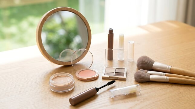 Round wooden mirror with makeup brushes and cosmetics set on a table by a bright sunny window view. beginner makeup guide
