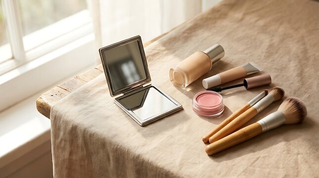 Open makeup mirror and various beauty brushes and cosmetics resting on a wooden table in bright light. beginner makeup guide