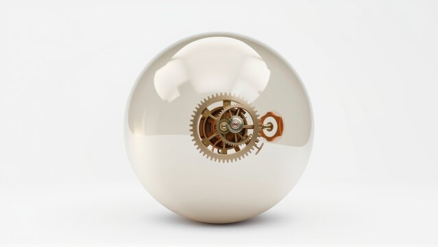 Shiny sphere contains intricate clockwork mechanism. Gears visible inside reflective surface. Minimalist studio shot, clean background.