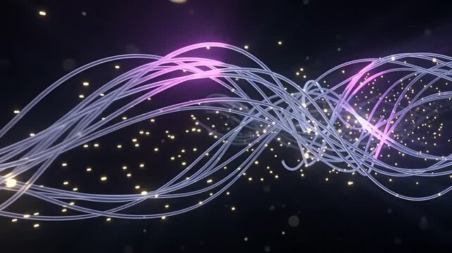 Abstract glowing optical fiber strands and quantum light data streams wave background