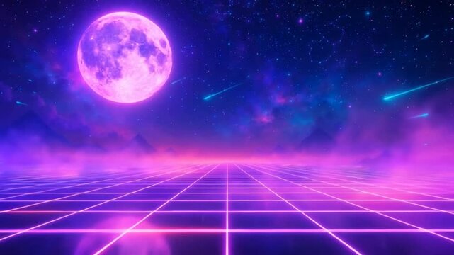 Retro synthwave moon glowing over neon grid horizon with 80s retrowave aesthetic and purple pink hues in seamless loop for nostalgic videos
