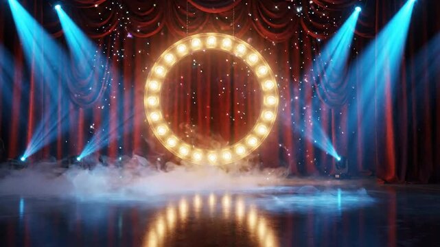 Red velvet stage with glowing circular marquee light, blue spotlights, and ground smoke for show theater