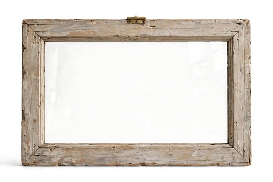 A weathered wooden frame with a metal hinge isolated on a clean white background