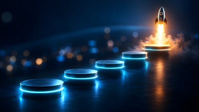 Silver rocket launching into space from a series of glowing blue illuminated steps representing business success and technological advancement