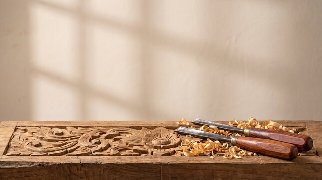 Wood carving chisels and carved floral relief panel with wood shavings on workbench