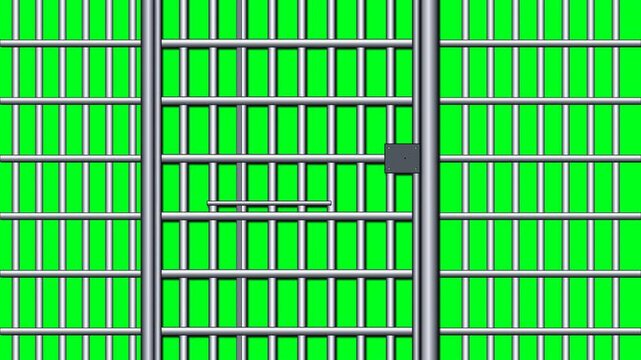 Sliding prison cell door steel bars security gate on green screen background