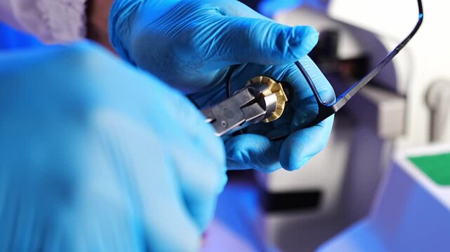 Medical optician technician processing custom vision correction lenses