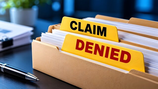 Yellow file folder tabs labeled claim and denied sitting in an office organizer tray on a desk