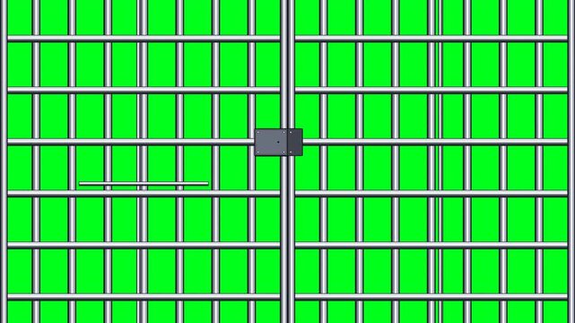 Prison cell metal security bars gate with central padlock on green screen background