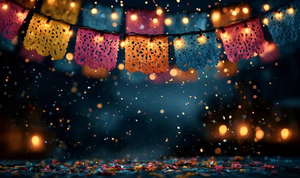 Festive string lights illuminating colorful papel picado banners, with bokeh and confetti creating a vibrant party background