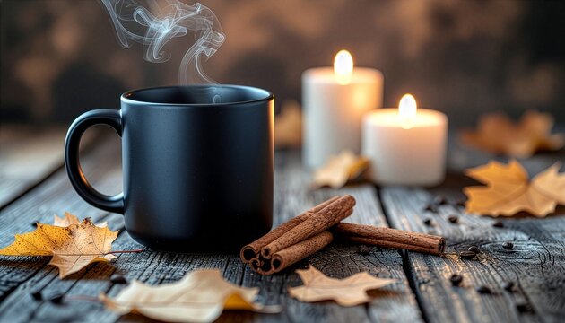 Cozy autumn setting with a steaming black mug, cinnamon sticks, and yellow leaves on a rustic wooden table. Warm candlelight creates a relaxing seasonal mood perfect for fall-themed designs.