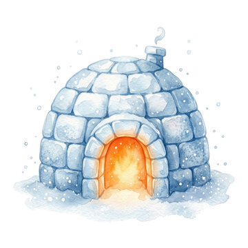 Watercolor illustration of a cozy snow igloo with a warm glowing entrance on a white background