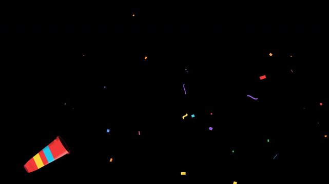 Colorful confetti bursts from a party popper, expands dynamically, then naturally falls downward under gravity until the frame becomes empty. Premium celebration animation with realistic paper movemen