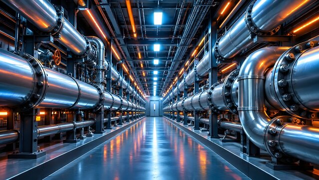 Vast symmetrical industrial interior featuring rows of large heavy duty metallic pipes under bright futuristic blue and orange facility lights