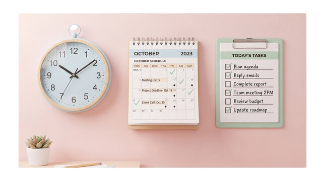 Minimalist desk organization setup with wall clock, October calendar schedule, and daily task checklist clipboard on pastel pink wall background