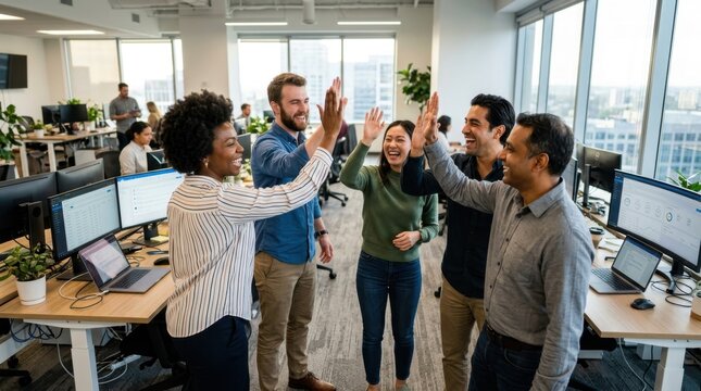 Excited coworkers celebrating a business win with high fives